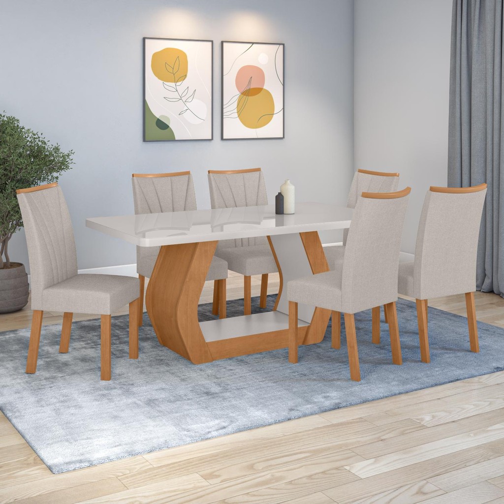Conjunto Sala de Jantar Mesa Easy Tower 170x90cm MDF/Vidro com 6 Cadeiras Confort Linho Cinza Amendoa/off White em Oferta na Shopee