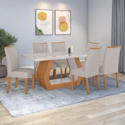 Conjunto Sala de Jantar Mesa Easy Tower 170x90cm MDF/Vidro com 6 Cadeiras Confort Linho Cinza Amendoa/off White