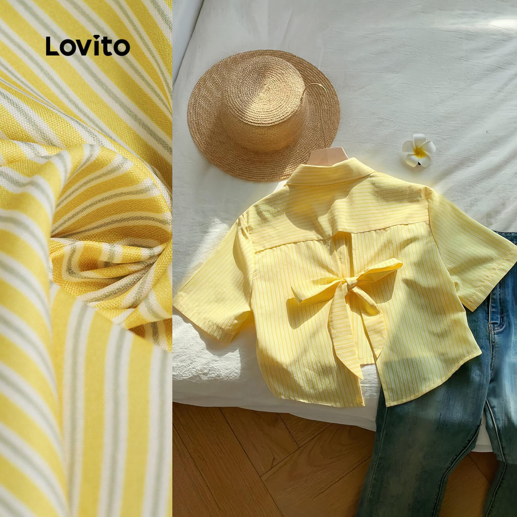 Lovito Blusa Feminina Amarela Listrada Com Decote Redondo E Amarração Nas Costas Para Primavera/verão L139AD390