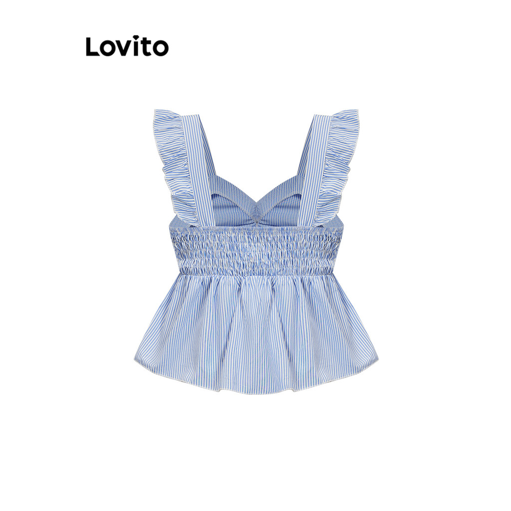 Detalhes do Lovito Regata Elegante Listrada Franzida Para Mulheres L86ED129 (Multicolorido)