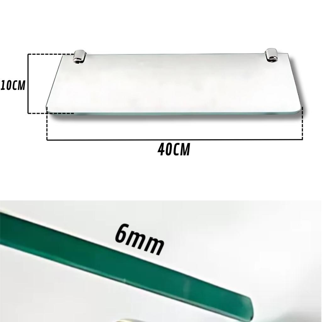 Prateleira de Vidro Porta Objetos 40cm com Fixação Dupla de Parede Multiuso Porta Shampoo Reto