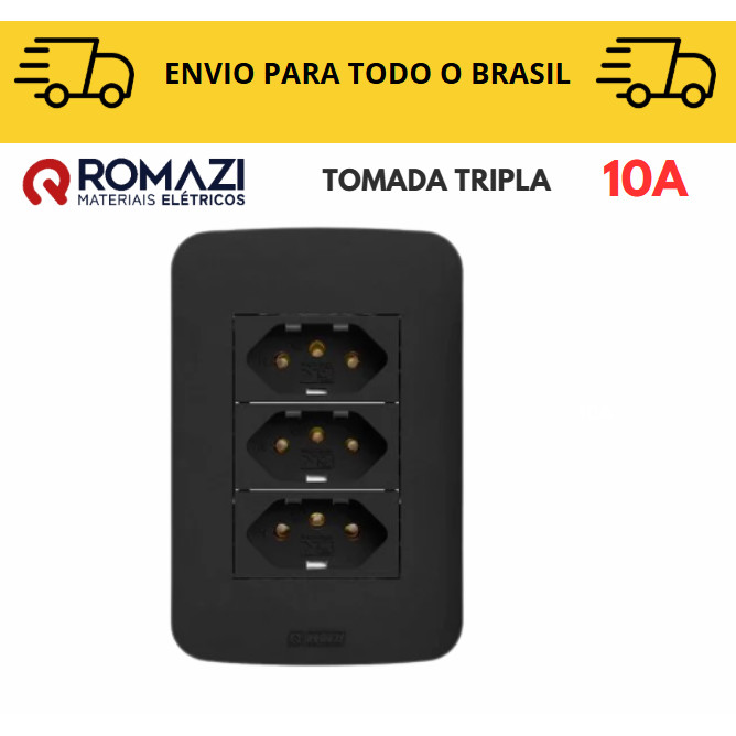 Tomada Tripla 10A linha canoa black romazi / 10A / 20A / Paralelo / Tomada Preta