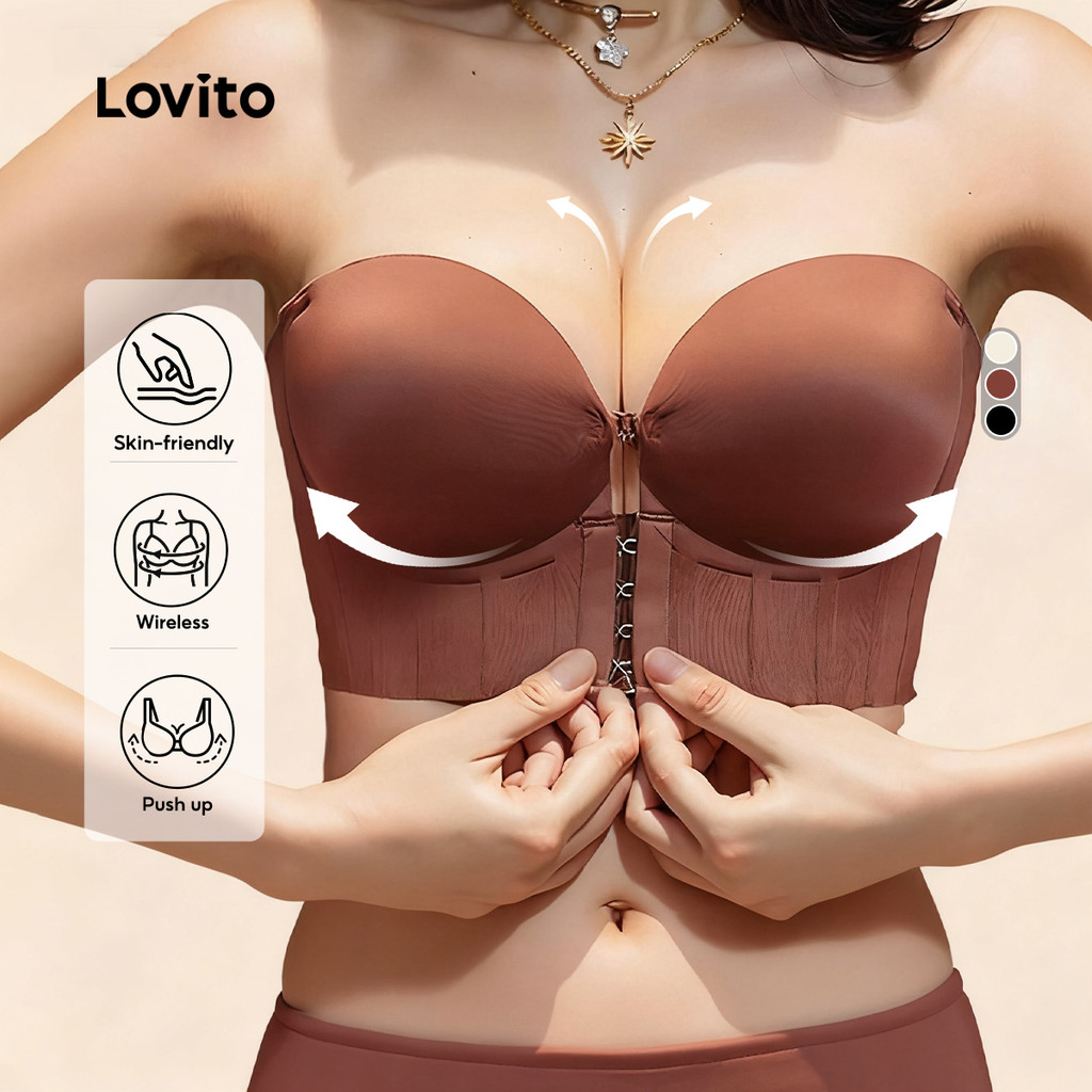 Lovito Sutiã Sedutor de Malha Suave Sem Aro com Bojo Push-up Botão Frontal Marrom Feminino LNE117124 em Oferta na Shopee