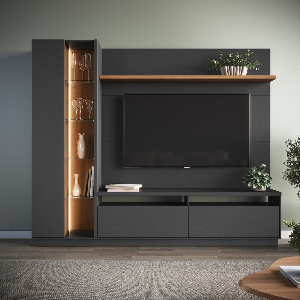 Estante Home com Painel para Tv 65 Polegadas e Bar Iluminado 3250 Cristaleira 220cm X 183cm Grafite/Freijó em Oferta na Shopee
