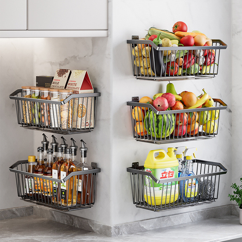 Cesta de Armazenamento Suspensa de Cozinha Aço Inox 304 Preto  Frutas Verduras Utensilios de Cozinha