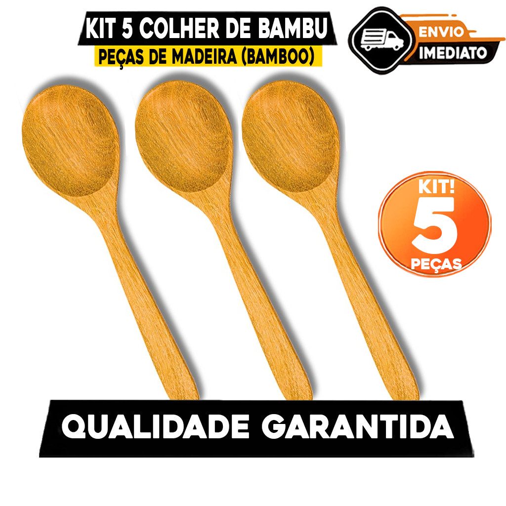 Conjunto Kit 5 Colher De Bambu Para Cozinhar Madeira Bamboo Medida 30cm Para Cozinha Gourmet Variáveis Utilidades
