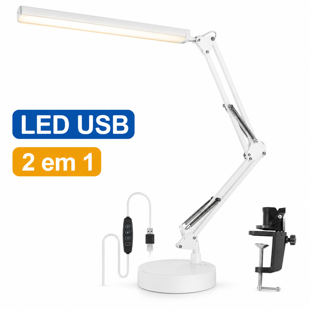 Luminária LED de Mesa Articulada com Garra Regulável USB 3 Cores 10 Níveis para Estudo Home Office