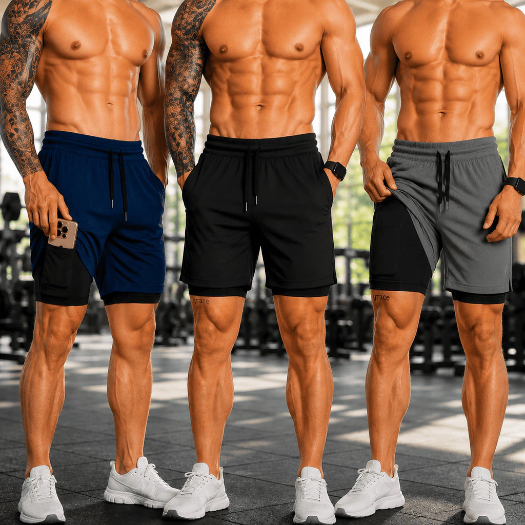 Kit 3 Shorts 2 em 1 Compressão Bermuda Masculina Academia Treino Bolso Celular — imagem 1