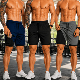 Kit 3 Shorts 2 em 1 Compressão Bermuda Masculina Academia Treino Bolso Celular