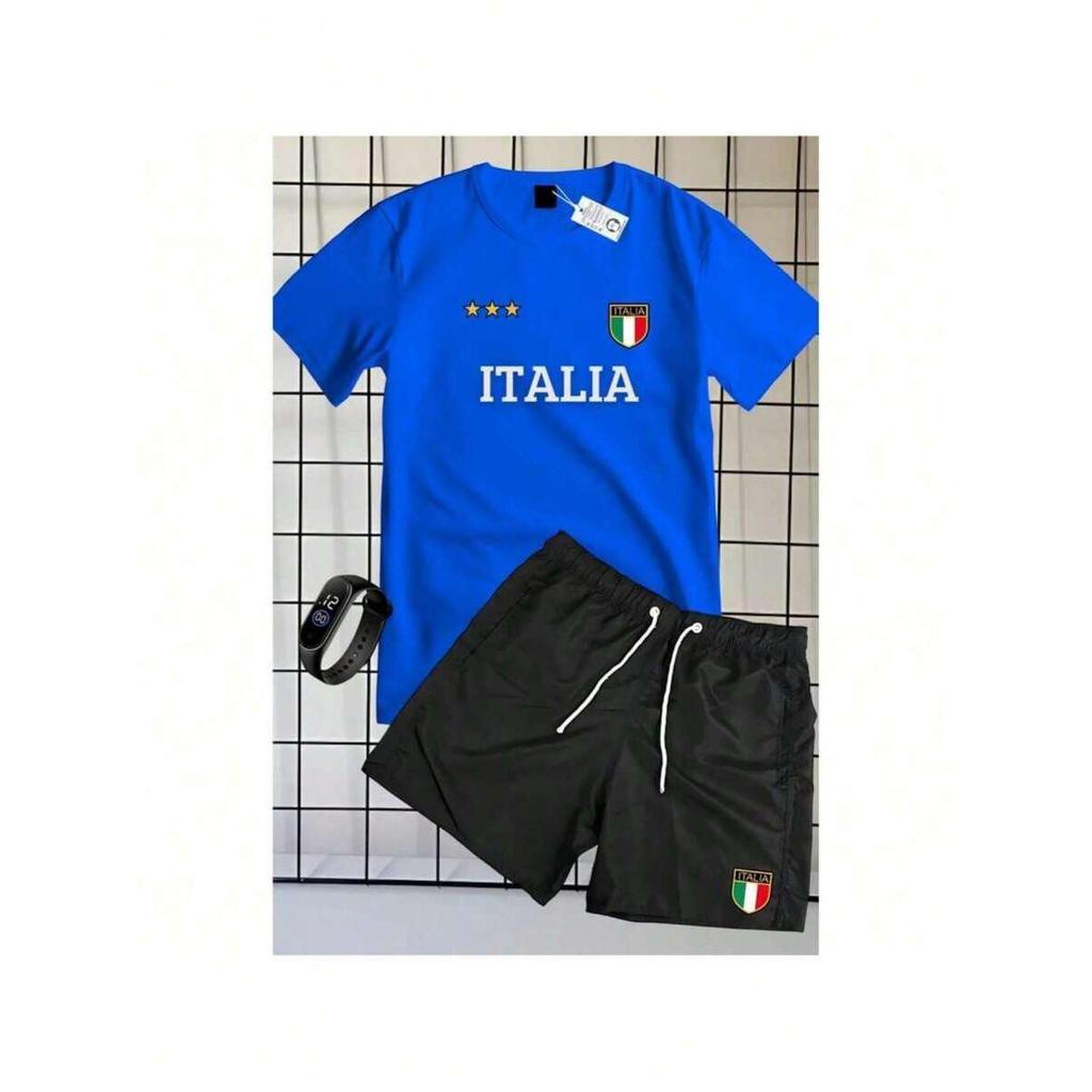 Conjunto Masculino Itália Camiseta Manga Curta Short Tactel Relógio Casual Premium