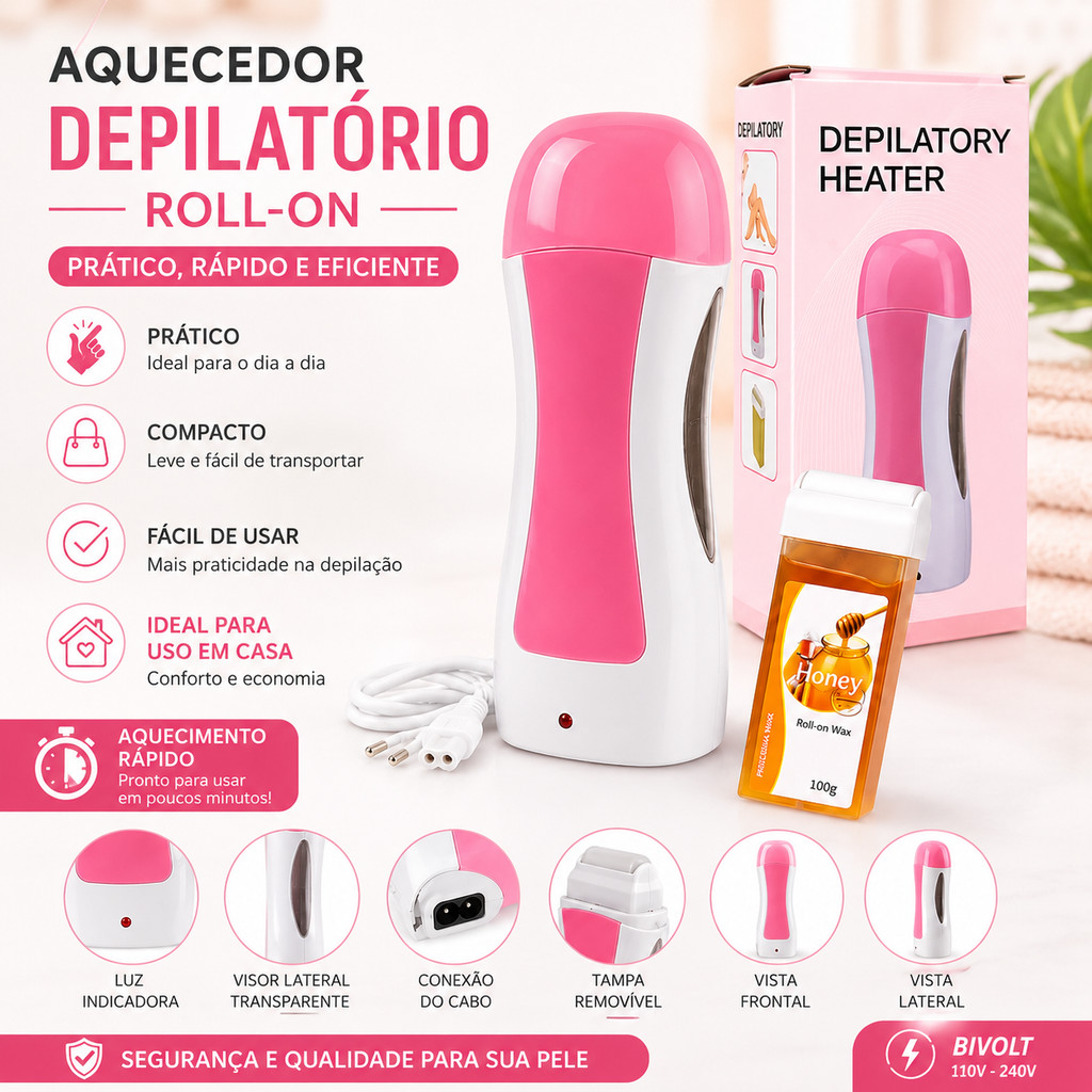 Kit Aquecedor Cera Roll On + Cera Depilatória + Papel Removedor