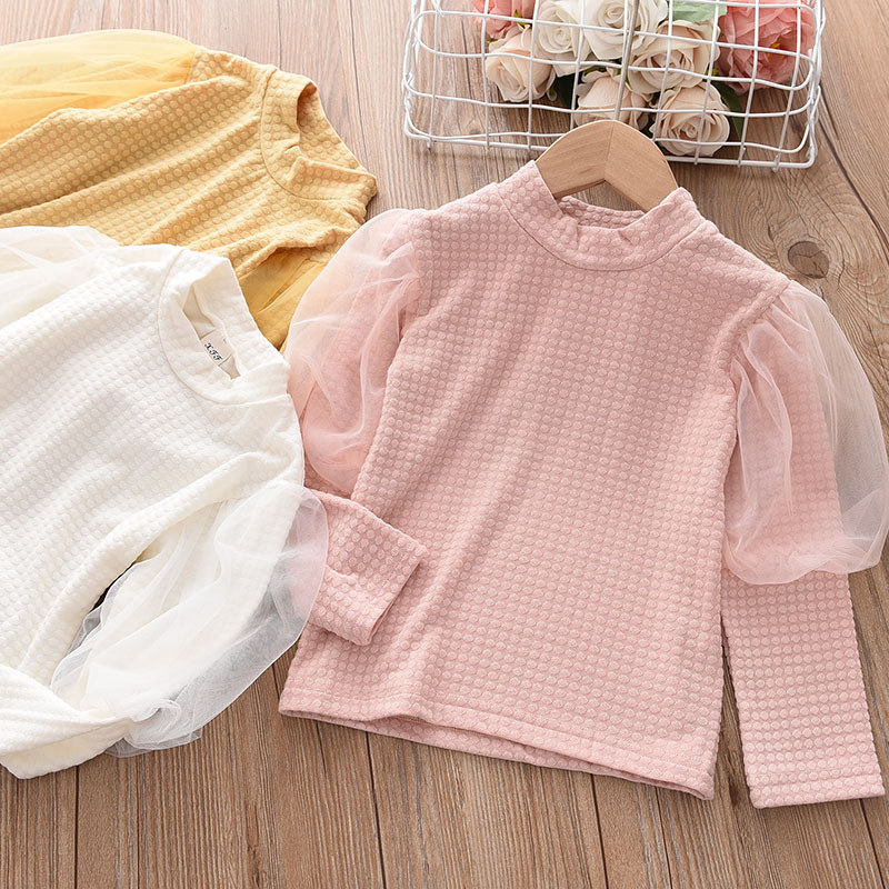 Estilo ocidental meninas gaze manga camiseta crianças gola alta estiramento algodão de manga comprida camisa de fundo me