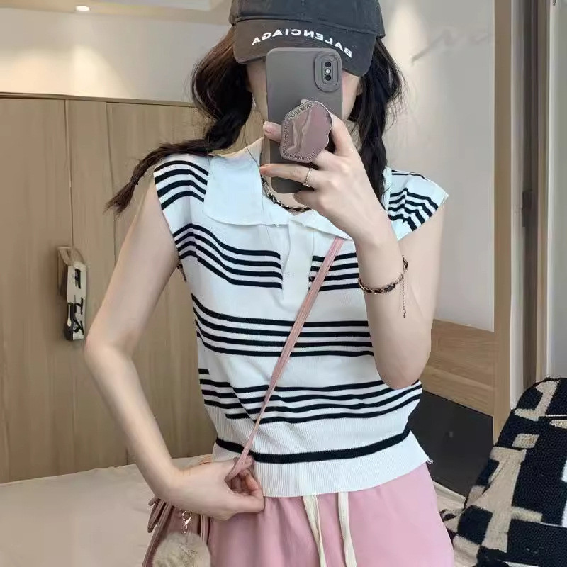 Polo polo colarinho colete de malha estilingue listrado camisola feminina camisa de fundo interno gola polo malhas camis