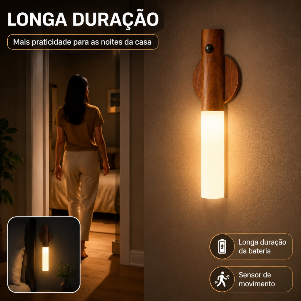 Luminária LED Magnética Recarregável Sensor de Movimento Inteligente Arandela de Madeira para Parede Mesa e Cabeceira