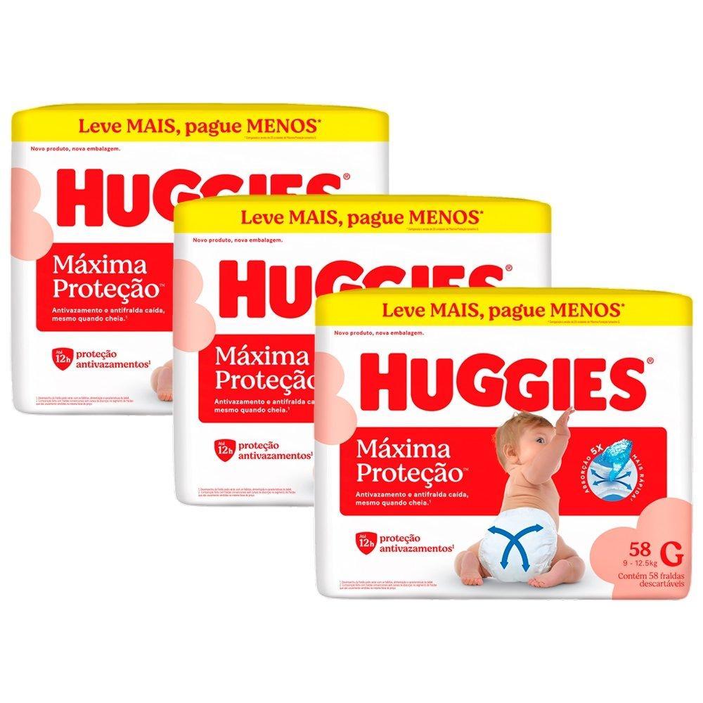 Fralda Descartável Huggies Máxima Proteção G - 3 Pacotes com 58 Fraldas - Total de 178 Tiras