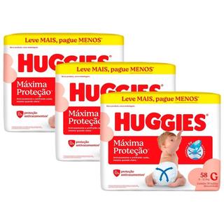 Fralda Descartável Huggies Máxima Proteção G - 3 Pacotes com 58 Fraldas - Total de 178 Tiras