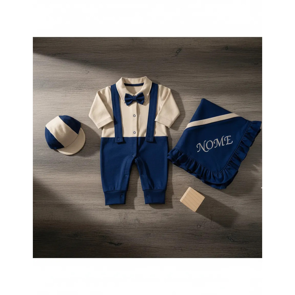 Kit Saída Maternidade Menino Azul Marinho Com Nome Gravata