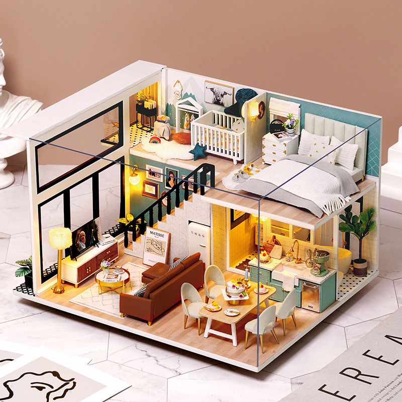 Duplex Apartamento DIY Kit De Casa De Boneca Em Miniatura 3D Quebra-Cabeça De Madeira Montar Modelo Brinquedos Presentes