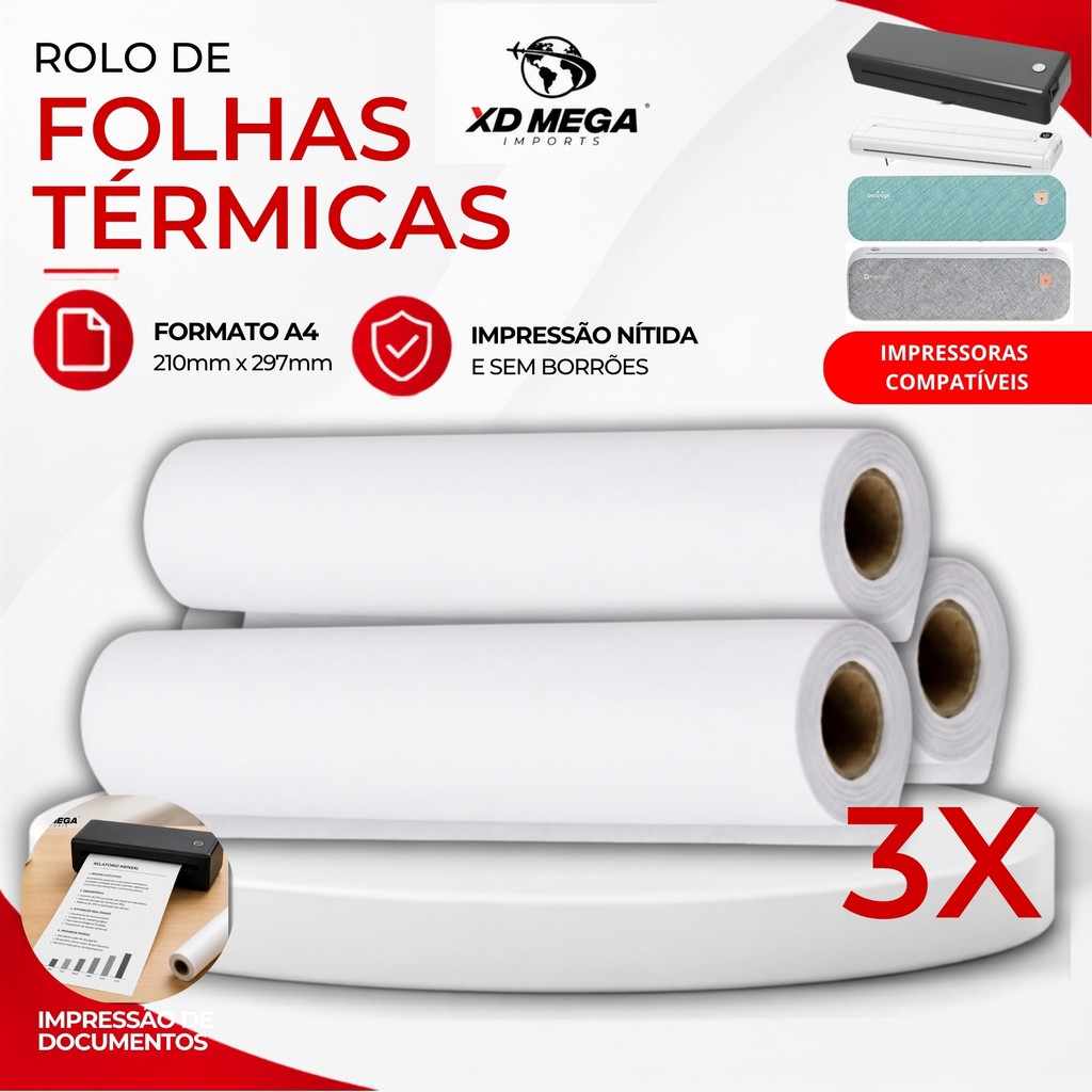 Papel Térmico Impressora Peripage A40 A4 21x30 - 3 Rolos