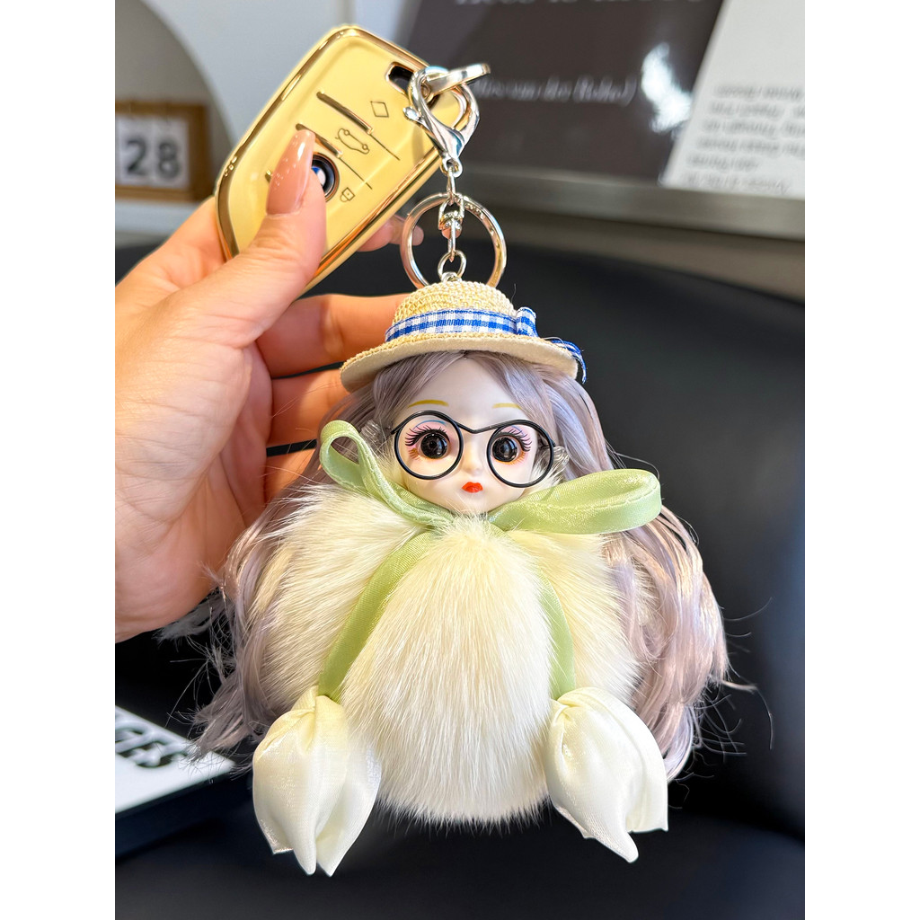 Boneca de pele de raposa Real, chaveiro de carro, pingente fofo, boneca de pelúcia, bolsa escolar, pingente, presente de