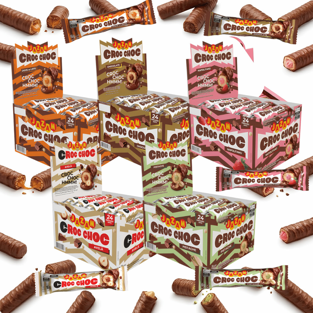 Croc-Choc Wafer Jazam 24un Chocolate ao Leite Doce de Leite Morango Avelã Pistache