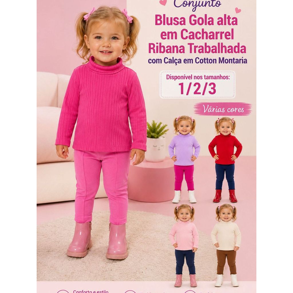 Conjunto Infantil Feminino Gola Alta Cacharrel Canelada Ribana Trabalhada com Legging Montaria Cotton Inverno Casual