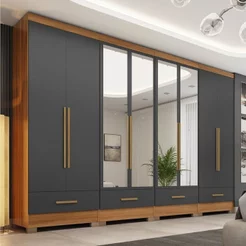 Quarto Modulado 100% MDF 4 Peças 8 Portas 4 Gavetas com Espelhos Smart Plus Bege/Cinamomo/Chumbo Cinamomo/Chumbo