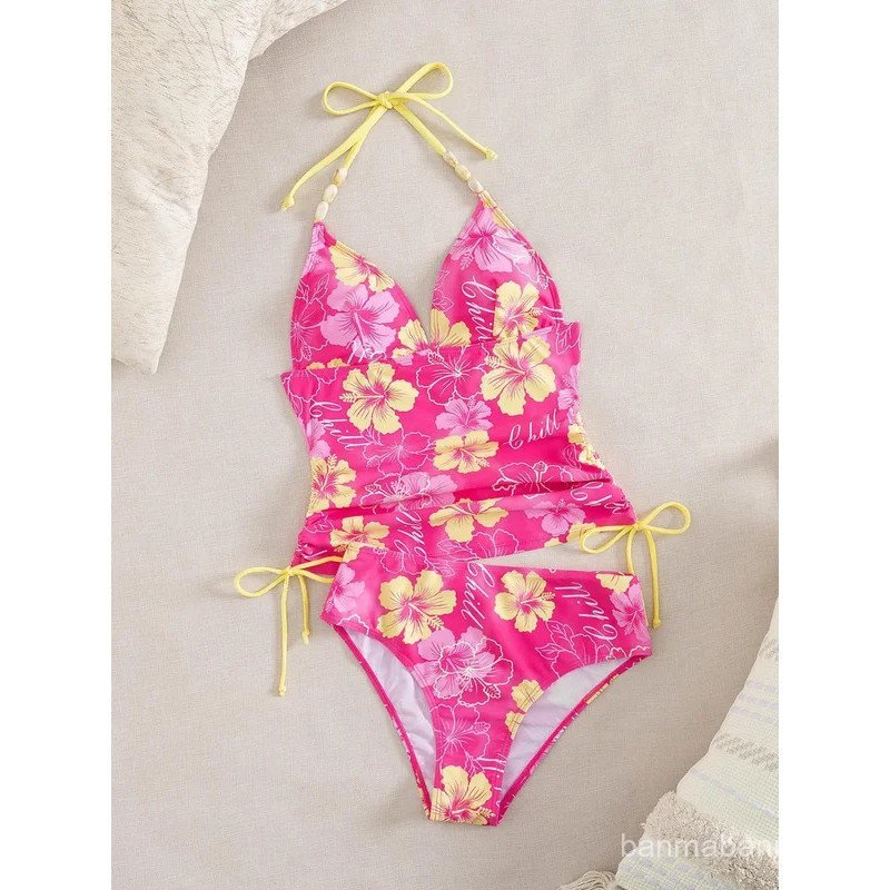 Conjunto de Biquíni Vintage com Estampa Floral Rosa 2026, Moda Praia Feminina, Top Push Up com Cordão Lateral, Saída de 