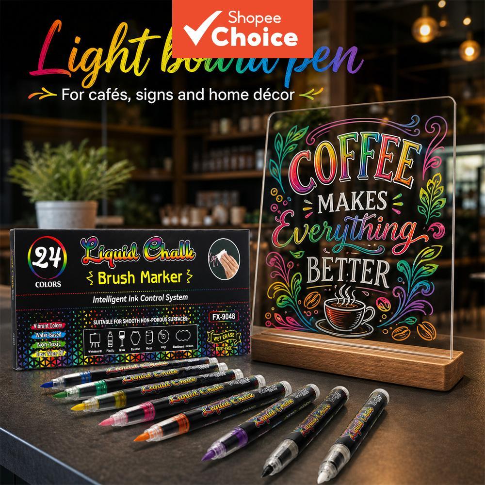Conjunto de marcadores fluorescentes de giz líquido colorido apagável, com placa de exibição luminosa eletrônica LED