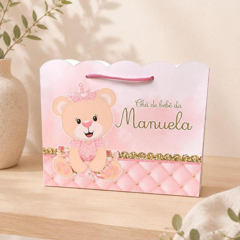 Sacolinha Chá de bebê ursinha princesa realeza Personalizada com nome e idade 20x15cm Lembrancinha para chá de bebê