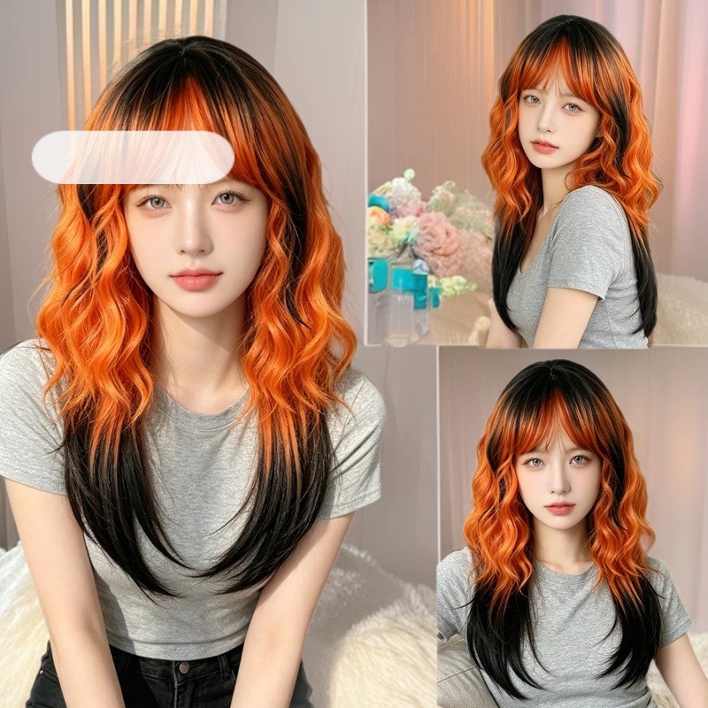 TSE novo produto venda quente laranja gradiente peruca feminina onda cabelo encaracolado fofo franja fibra química arnês