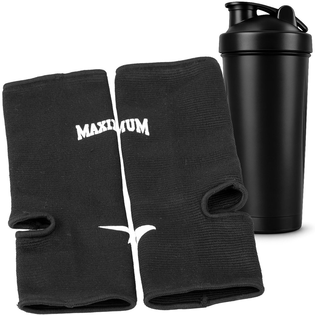 Kit 1x Tornozeleira Muay Thai Maximum Preta Coqueteleira Compressão Proteção Kickboxing Treino