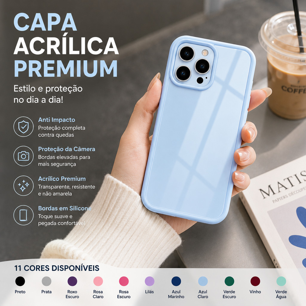 iPhone 7 8 Plus XR 11 12 12 Pro Max Capa Acrílica Premium Anti Impacto Proteção da Câmera Anti Riscos