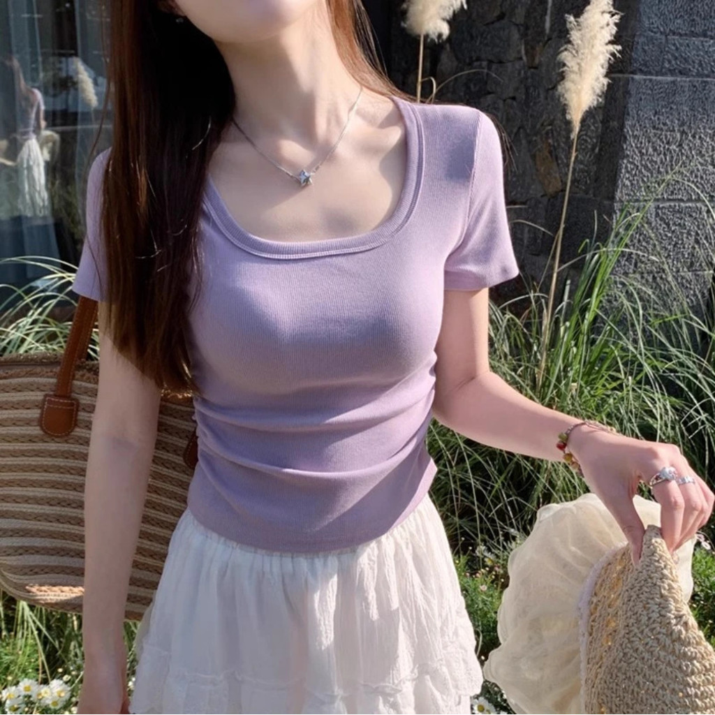 Camisa roxa de manga curta feminina ombro quadrado pescoço quadrado cintura estreita plissada magro ajuste gola exposta