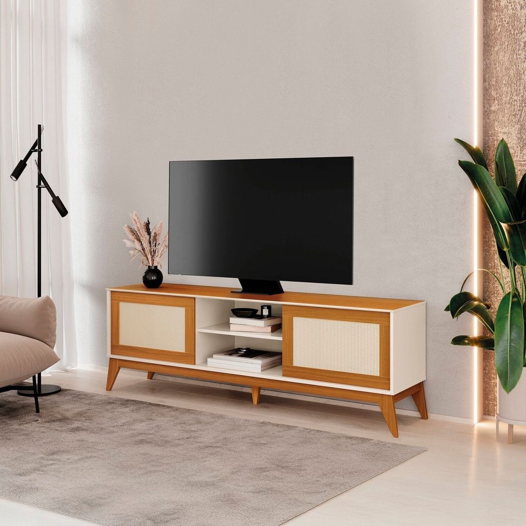 Rack para TV até 75 Polegadas 100% MDF 180cm Portas em Tela Rattan Andros Bege Off White/Cedro Off White/Cedro