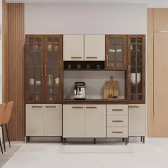 Cozinha Modulada Compacta Fidelitá Lisboa 4 Peças 225cm 11 Portas 3 Gavetas Com Tampo Noce/Off-White