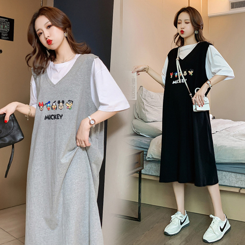 Verão novo estilo versão coreana tamanho grande maternidade vestido solto gordura MM falso camiseta de duas peças moda s
