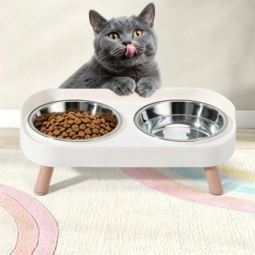 Tigela Elevada 8cm Aço Inoxidável Dupla para Gato e Cachorro, Evita Derramamento de Ração, Base Antiderrapante