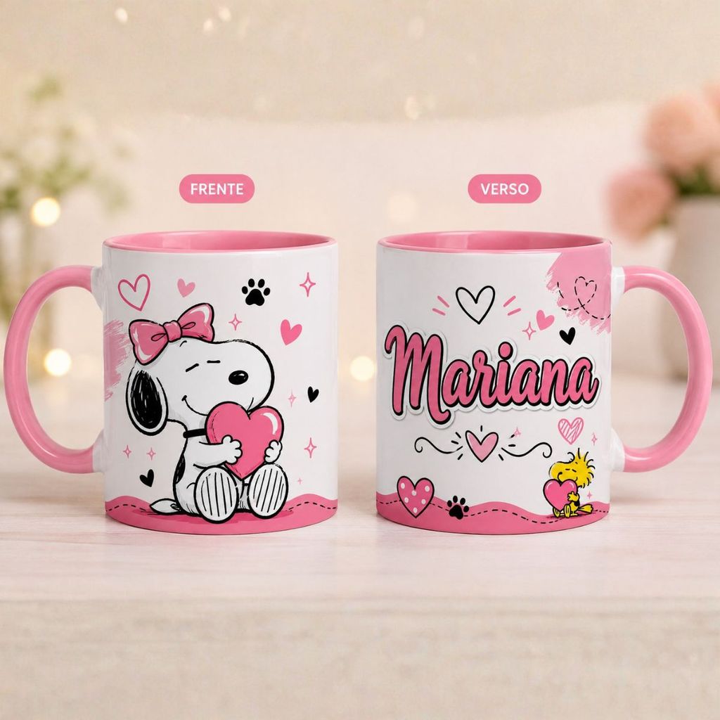 Caneca Snoopy  COM NOME 325ml Rosa Porcelena Personalizada