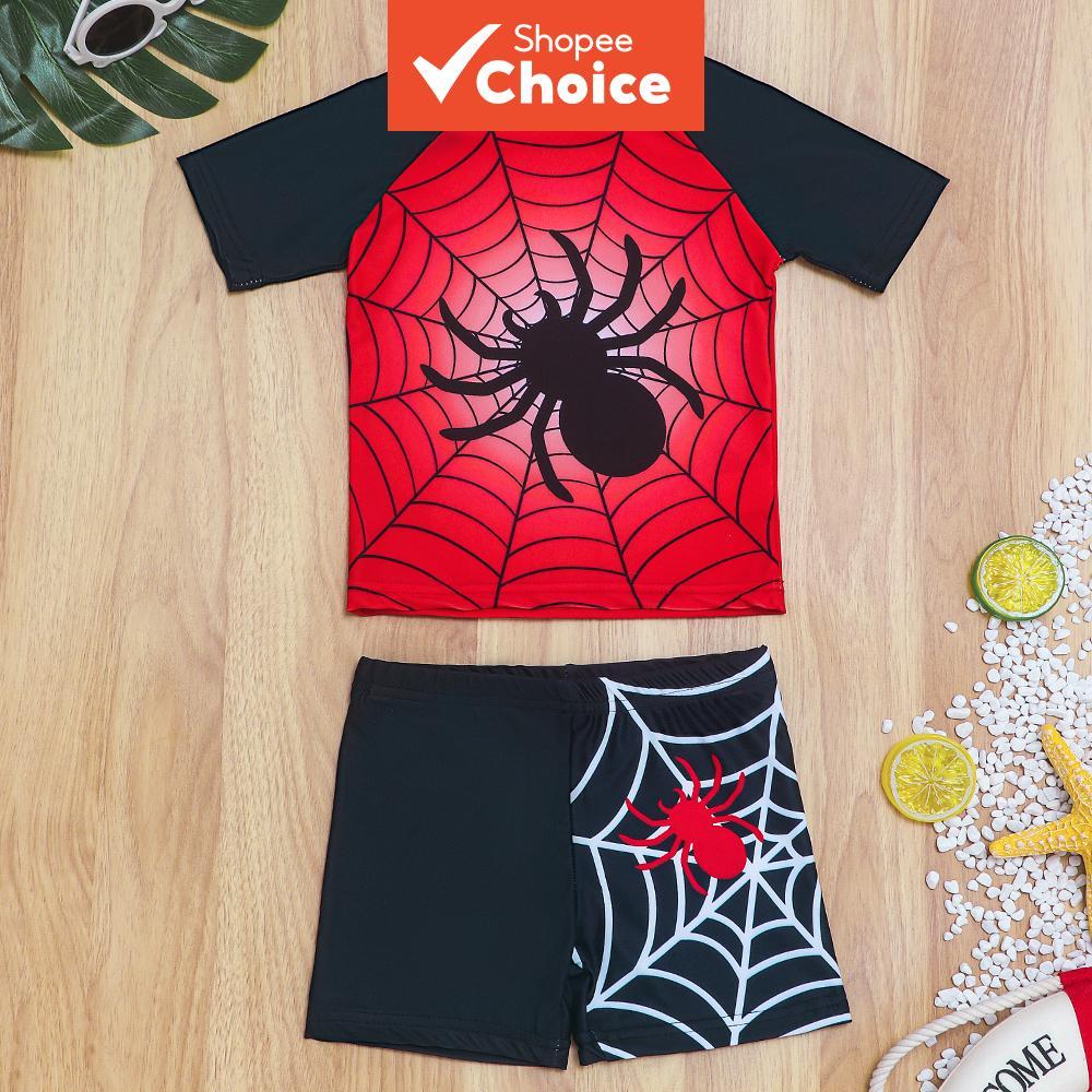Conjunto De Maiô De Duas Peças Com Estampa De Aranha Para Meninos , Secagem Rápida , Manga Curta , Proteção Contra Queim