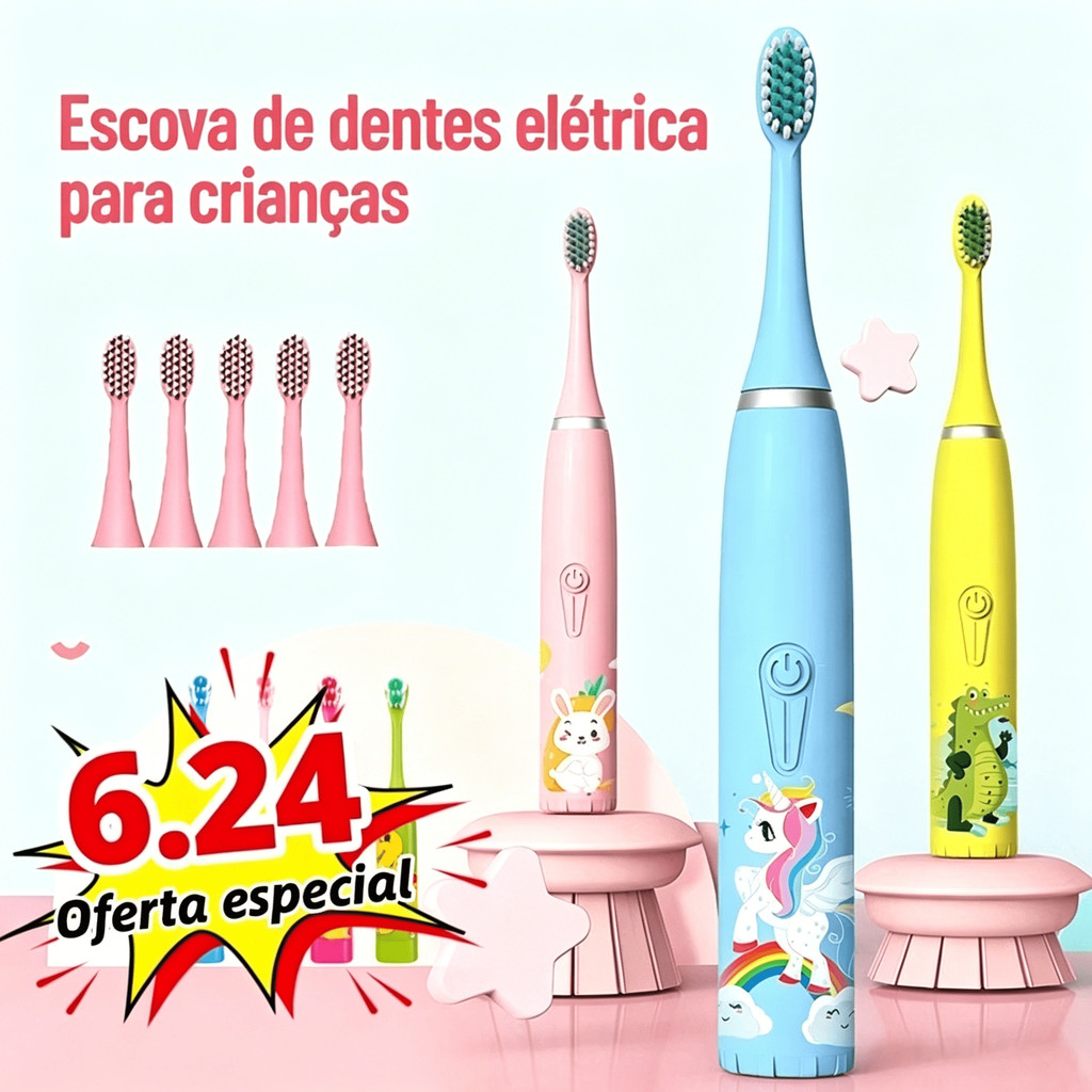 Escova Dental Elétrica Ultra-Sônica Para Crianças Acústica Onda Fofa Cabelos Suaves Dupla Face Limpa Cuidados