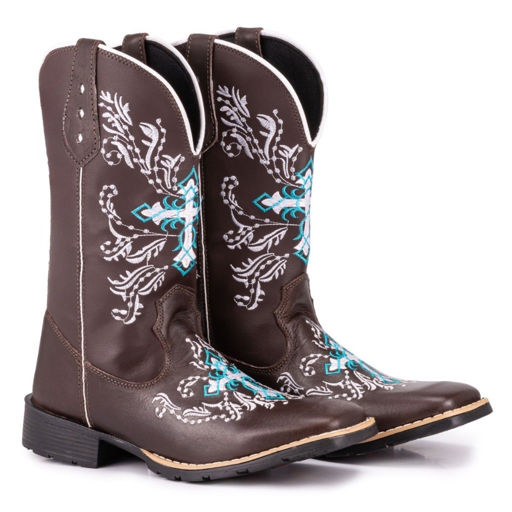 Bota Country Feminina Texana Cruz Espelhada Azul Bico Quadradro Marrom Café