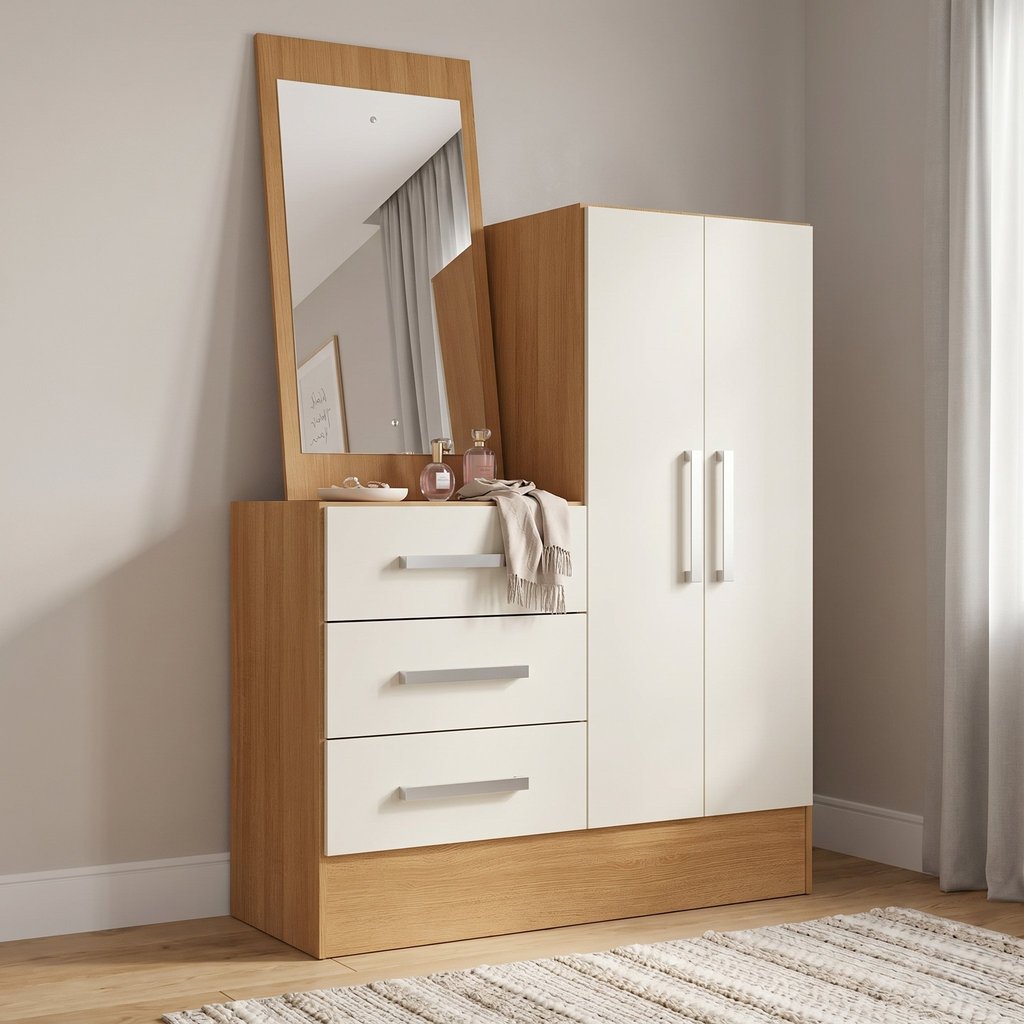 Cômoda para Quarto 3 Gavetas 2 Portas com Espelho Dunas Cinamomo e Off White Yes