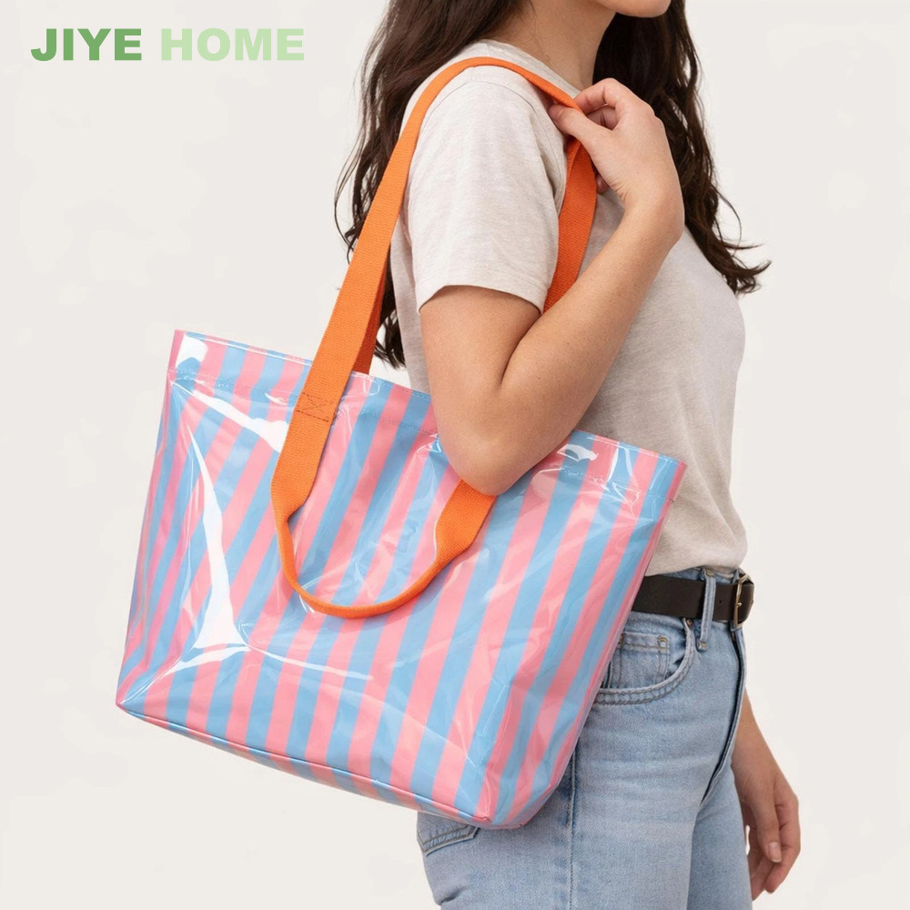 JIYE HOME Sacola De Praia Em PVC À Prova D'água Bolsa De Compras De Ombro Listrada De Grande Capacidade Transporte Para