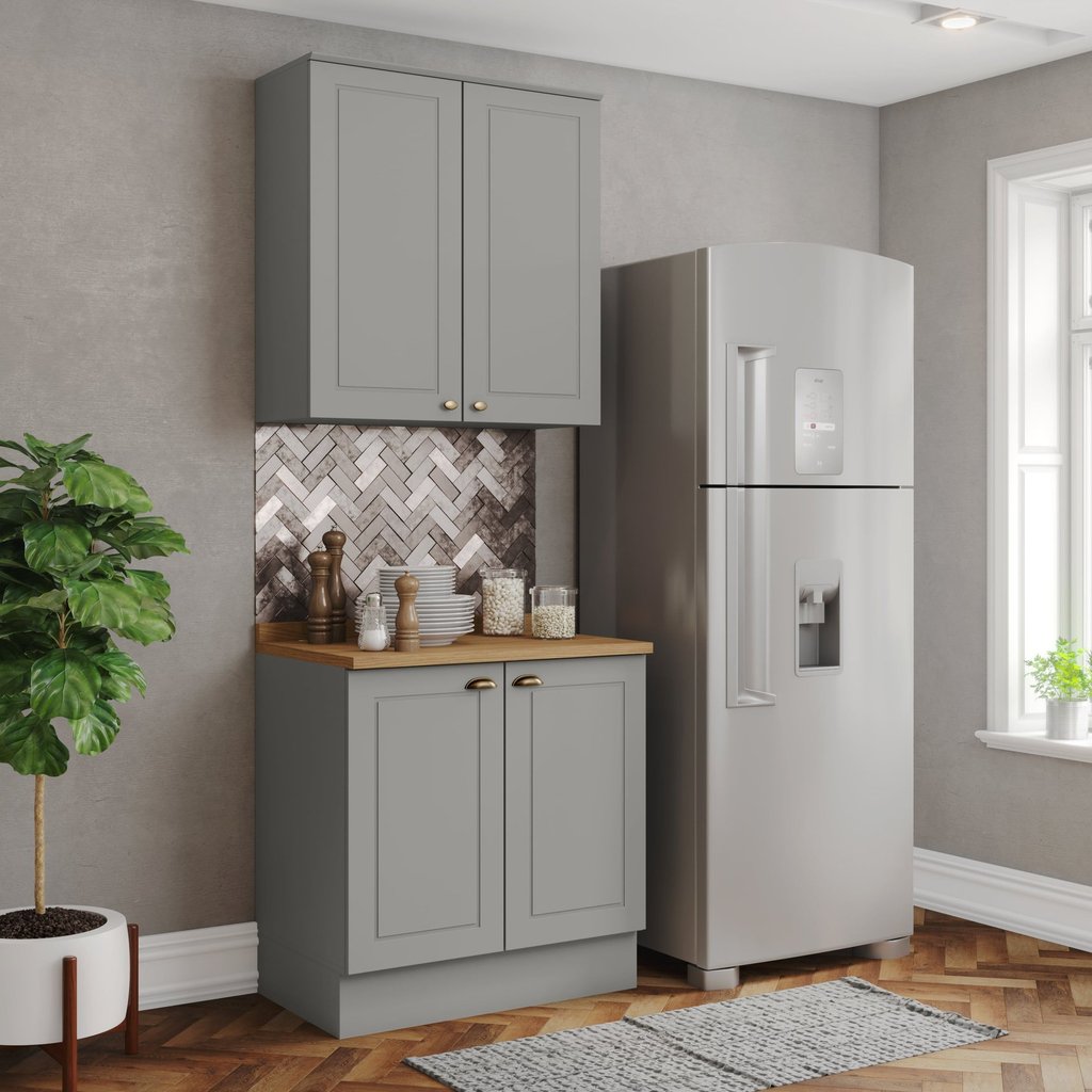 Cozinha Compacta 2 Peças 100% MDF com Tampo Cinza/Nature Americana Cinza/Nature
