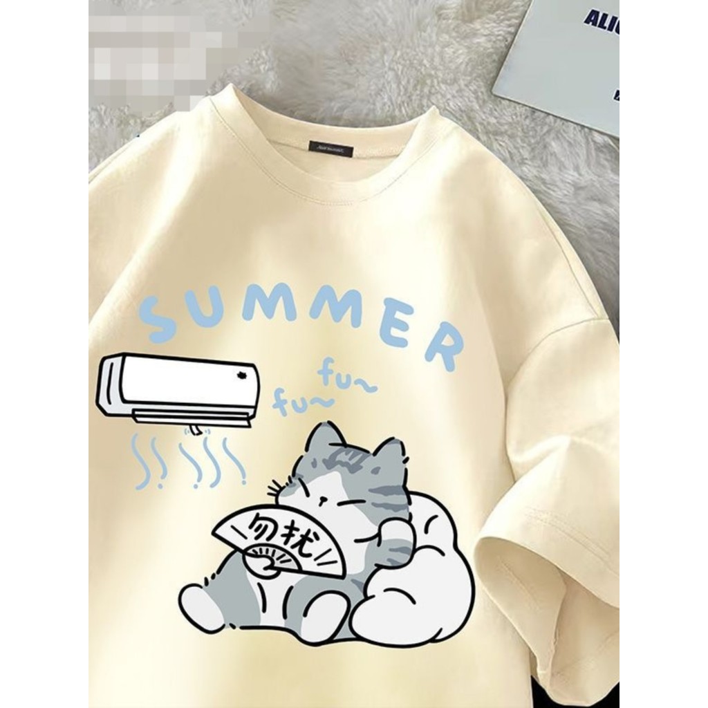 Crianças médias grandes crianças verão novo estilo de manga curta camiseta meninas pesado puro algodão bonito gato simpl