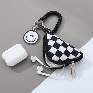 Bolsa de armazenamento pequena com padrão xadrez para homens, porta-moedas redondo triangular, mini bolsa para fones de 