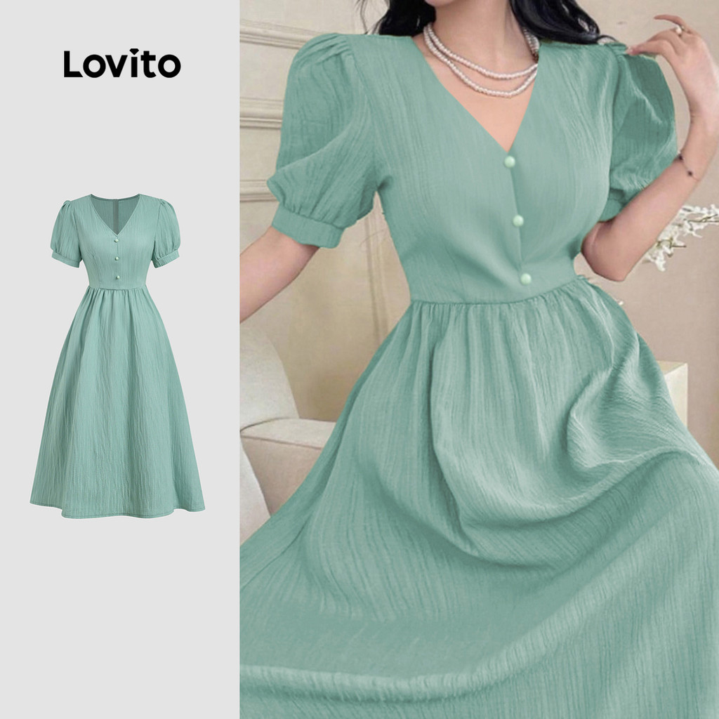 Lovito Vestido Elegante com Botões Plissados para a Primavera/verão de Cor Verde para mulheres L142ED877 em Oferta na Shopee