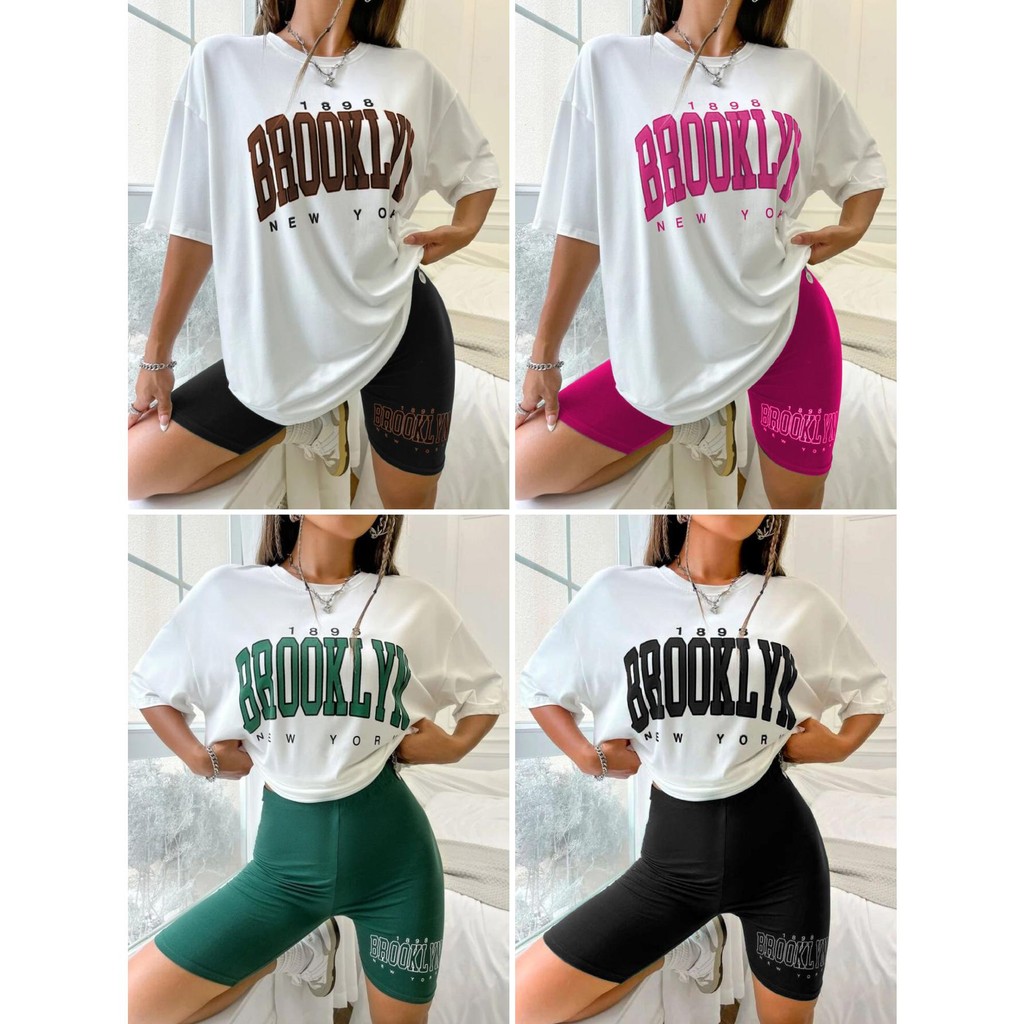 Kit 4 peças Conjunto academia Camisa manga curta estampada Brooklyn com Short curto estampado fitness