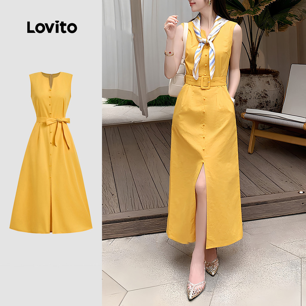 (New) Lovito Vestido Casual de Botão para Primavera/verão Amarelo para mulheres LBL28341 em Oferta na Shopee